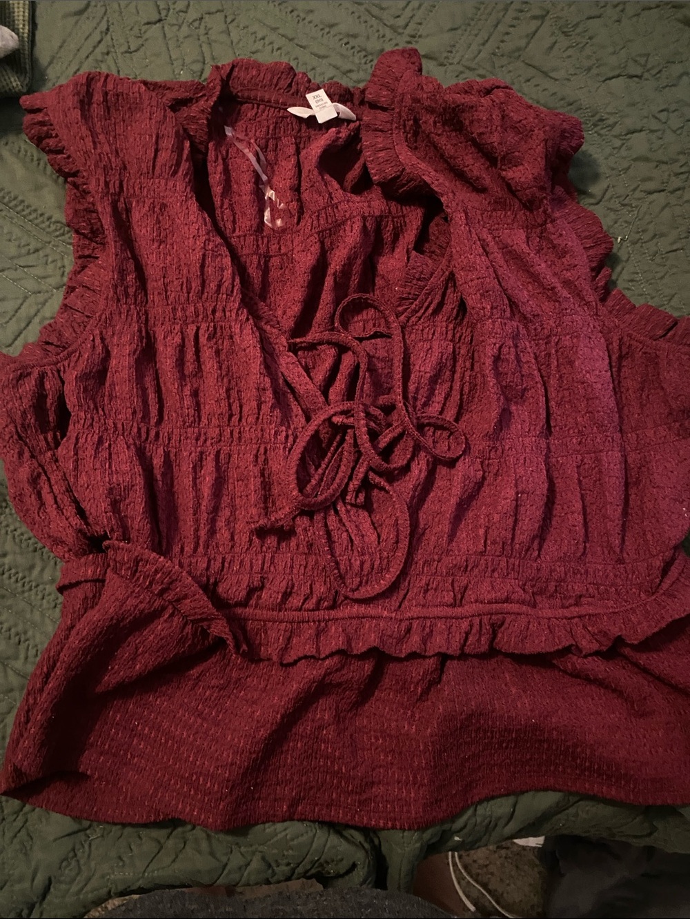 Time and Tru Burgundy Lace-Up Ruffle Sleeveless Blouse